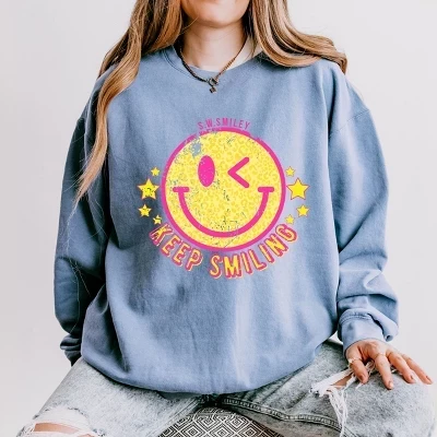 S.W.Smiley Продолжай улыбаться Счастливым лицом Легкая одежда, окрашенная в синий цвет толстовки
