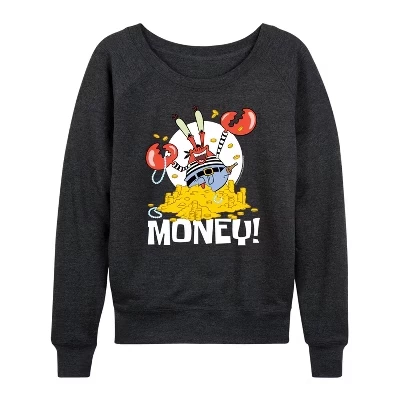 Женская рубашка Mr. Krabs Money из легкого французского махрового полотна с широким вырезом и длинным рукавом с графическим рисунком heather charcoal