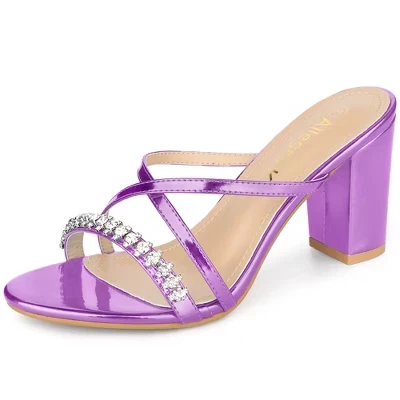 Women's Crisscross Strap Rhinestone Block Heel Slide Sandals purple