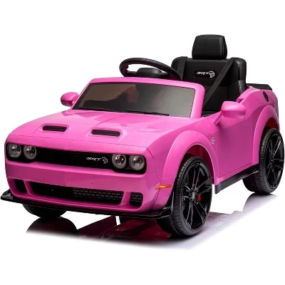 Детский электромобиль Dodge Challenger с лицензией на 12 В, Электромобили на батарейках с дистанционным управлением, светодиодные фонари, для мальчиков и девочек розового цвета
