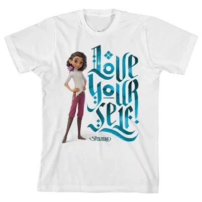 Elian Pose Love Your Self Молодежная белая футболка с круглым вырезом и коротким рукавом белого цвета