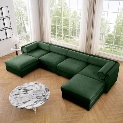 Секционный диван Morley Modern с обивкой из синели 142,5 дюйма и 2 пуфиками зеленого цвета