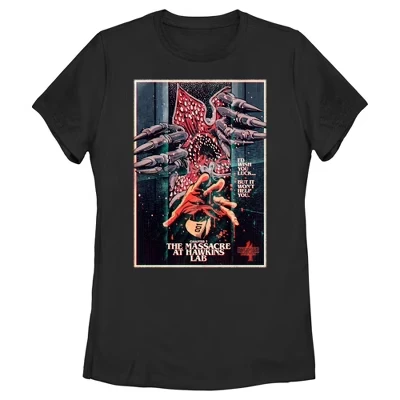 Женская футболка в стиле ретро Massacre At Hawkins Lab черного цвета
