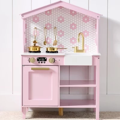 Farmhouse Play Kitchen Toy for Kids w/ Chalkboard, Storage Shelves, 5 Accessories rose