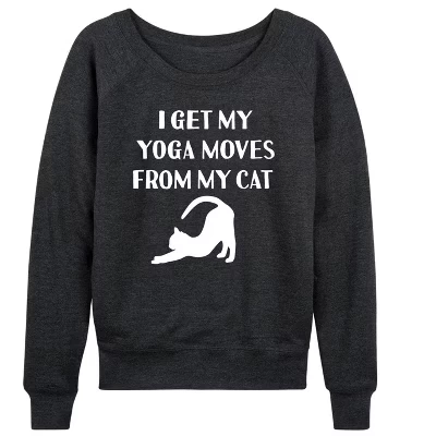 Женская футболка Get Yoga Move от Cat Легкая махровая рубашка с широким вырезом и длинными рукавами с графическим рисунком heather charcoal
