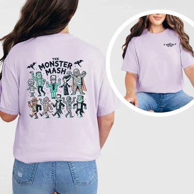 Женская футболка Monster Mash с короткими рукавами спереди и сзади, окрашенная в цвет орхидеи