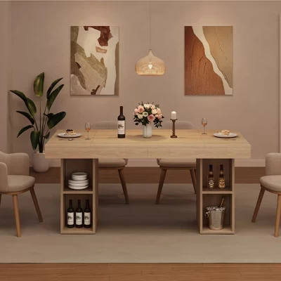 Прямоугольный обеденный стол диаметром 63 дюйма с местом для хранения, Большой обеденный стол на 6 персон с большой столешницей и прочным каркасом, Деревянный кухонный стол с двойной подставкой цвета дерева