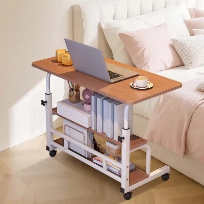 Adjustable Height Mobile Standing Desk with Wheels – Portable Rolling Computer Table – Storage Shelves – Bedside, School & Home Office 80*40cm walnut