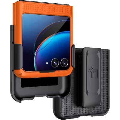 Комбинированный чехол для Motorola RAZR+ 2023 (RAZR PLUS) - Сочетание тонкого чехла и кобуры с зажимом для ремня оранжевого цвета