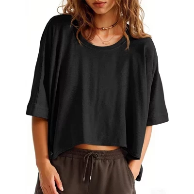 Womens Oversized T-Shirts Cropped Summer Casual Short Sleeve Loose Fit Tee Tops black
