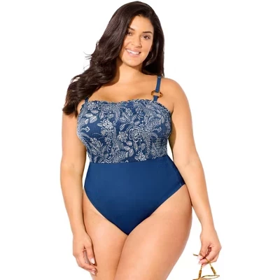 Swimsuits for All Smocked Ring Strap One Piece Swimsuit (Plus Sizes Available) denim floral