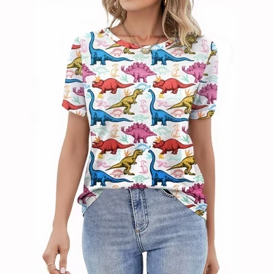 Women's Short Sleeve Jurassic Dinosaur Graphic T-Shirts Cute Summer Casual Round Neck Funny Dino Tee pink