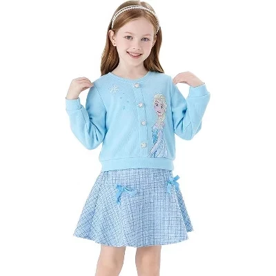 PATPAT Disney Frozen Эльза, принцесса Моана, комплект одежды из 2 предметов для маленьких девочек, вязаный топ с жемчужными пуговицами и твидовая юбка светло-голубого цвета