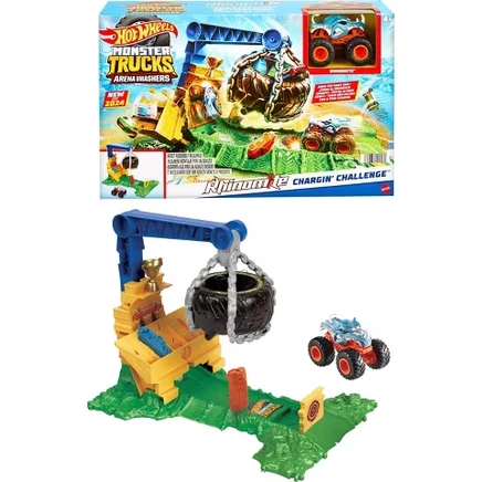 Игровой набор Monster Truck Rhinomite Chargin’ Challenge с игрушечным грузовиком и 2 раздавленными машинами