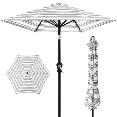 10-футовый уличный стальной зонт Market Patio в полоску с рукояткой, кнопкой наклона, 6 ребер серого цвета