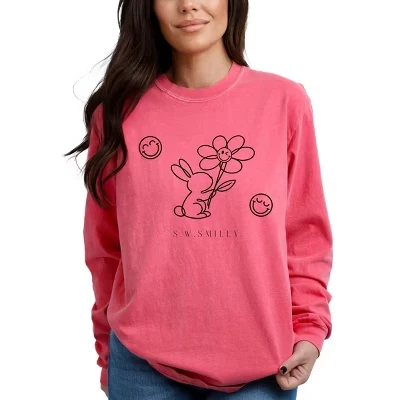 S.W.Smiley Bunny Outline Flower - женская одежда, окрашенная футболка с длинным рукавом и рисунком crunchberry