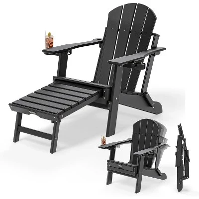 Пластиковые складные стулья Adirondack с регулируемой спинкой, выдвижной подставкой для ног и подстаканниками 2-в-1, вместимость 400 фунтов, черный