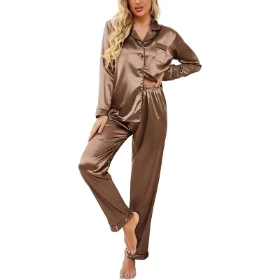 Women's Classic Button Down Long Satin Silk Pajama Set brown