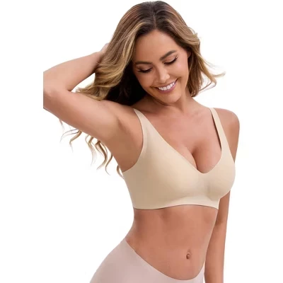 Women's Deep V-Neck Wireless Adjustable Spaghetti Straps Push-Up Seamless Soft Everyday Bralettes beige