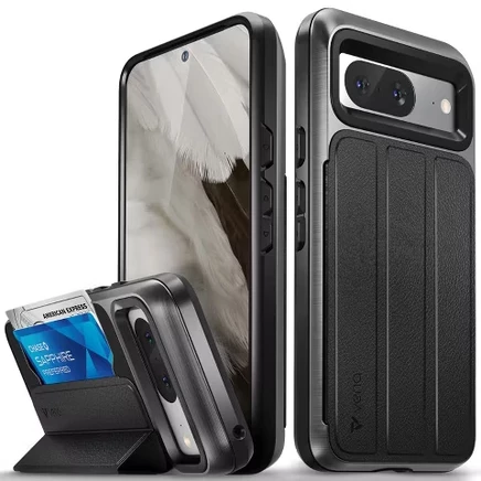 Чехол-бумажник vCommute для Google Pixel 8 Case, чехол с подставкой, кожаный держатель для карт [Защита от падения военного класса], Черный