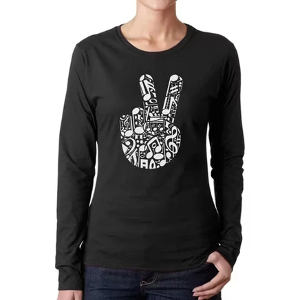 Peace Finger Notes - Женская футболка с длинным рукавом Word Art, черная