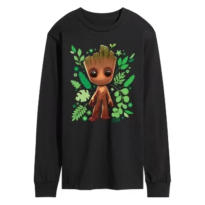 Мужская футболка Guardians of the Galaxy с изображением Малыша Грута и листьев с длинным рукавом, черная