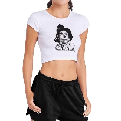 Women's  Scarecrow Headshot Cap Sleeve Baby Rib Crop Top white
