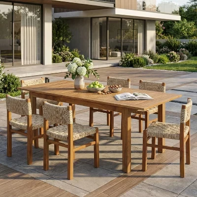 Изящный современный обеденный гарнитур Patio Acacia из 7 предметов с выдвижным решетчатым столом и плетеным дизайном