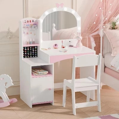 BALHAM TRADE-2 in 1 White Wooden Kids Vanity with Mirror Chair, Jewelry Storage for Little Girls white