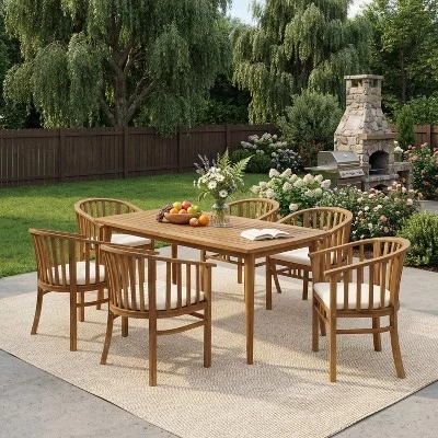 Современный обеденный гарнитур Estrella Patio Acacia из 7 предметов с решетчатым столом и подушками из тикового дерева/кремового цвета
