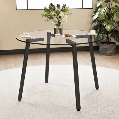 Round Glass Dining Table, Modern Kitchen Table with Clear Tempered Glass Top & Metal Legs, Circle Dining Table for Dining Room Living Room black