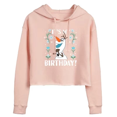 Женская укороченная толстовка с капюшоном Olaf It's My Birthday синего цвета с рисунком