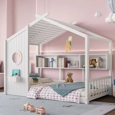 Каркас кровати Twin/Full Kids Floor House с полками для хранения вещей и крышей, современная кровать на платформе с книжным шкафом, пружинный блок не требуется, белый
