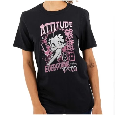 Женская футболка с графическим рисунком Betty Boop иероглифическим хэштегом Attitude, черная