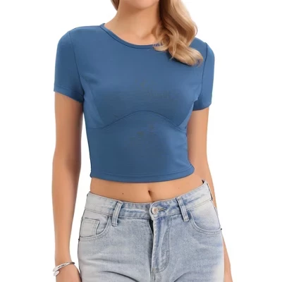 Женские повседневные укороченные топы Slim Fit из трикотажа с круглым вырезом и коротким рукавом серо-синего цвета