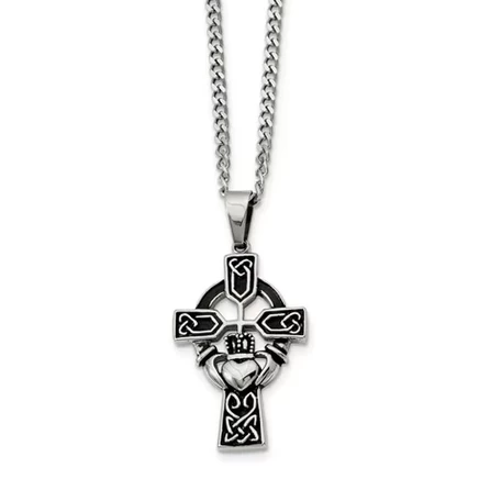 Ожерелье с крестом Claddagh из нержавеющей стали с черным бантом, 20 дюймов