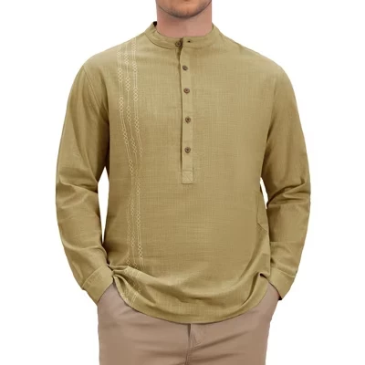 Мужская льняная футболка Henley с рисунком и длинными рукавами, повседневные пляжные футболки цвета хаки