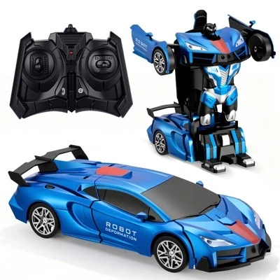 Игрушечный автомобиль-робот-трансформер с дистанционным управлением, светодиодной подсветкой и вращением на 360 градусов синего цвета