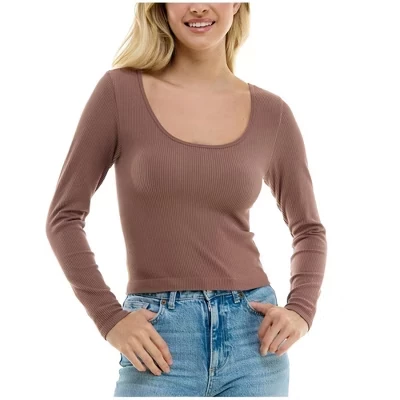 Женская бесшовная укороченная рубашка Henley с круглым вырезом горловины коричневого цвета
