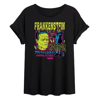 Женская классическая футболка с объемным рисунком Monsters - Frankenstein Backlight черного цвета