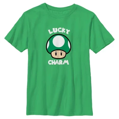 Футболка для мальчиков Super Mario St. Patrick's Day Extra Life Mushroom Lucky Charm зеленого цвета