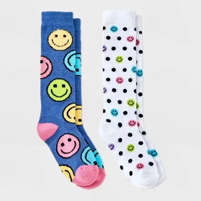 Модные гольфы до колена для девочек 2pk 'Smiley' - ™ Heather Blue/White