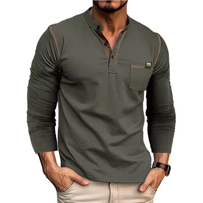 Мужская рубашка Henley с длинным рукавом и цветным блоком, повседневная футболка с карманами, топы серого цвета