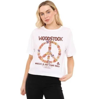 Женская укороченная футболка свободного кроя Peace с цветочным рисунком белого цвета