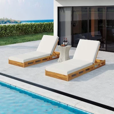 Регулируемый шезлонг Alfred Outdoor из дерева акации с 3-х кратной водостойкой подушкой (комплект из 2-х) кремового цвета