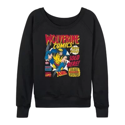 Women's -  - Wolverine Comics Ad Lightweight French Terry Wide Neck Long Sleeve Graphic Shirt black
