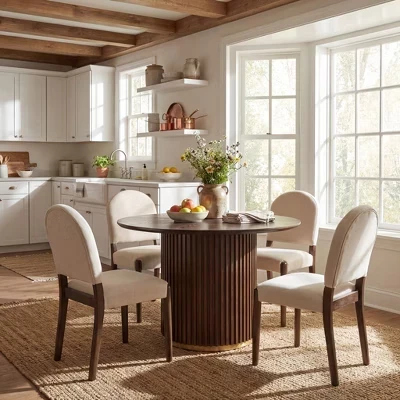 Sarita Modern 5 Piece Dining Table Set with Rubberwood Upholstered Chairs walnut