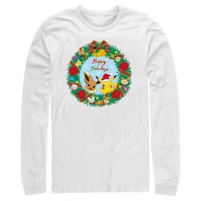 Мужская рубашка с длинным рукавом Pikachu и Eevee Happy Holidays белого цвета
