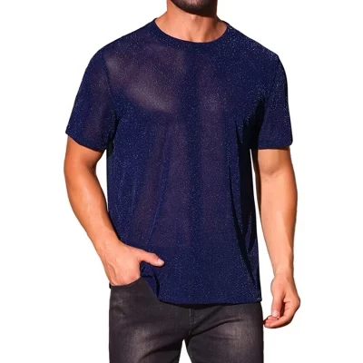 Men's Sparkle See Through Lightweight Short Sleeve Shiny Sheer T-Shirts blue