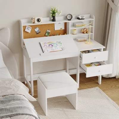 Kids Desk and Chair Set Wooden Study Table with Adjustable Tilt Desktop Storage Drawers and Cork Board for Children Learning white